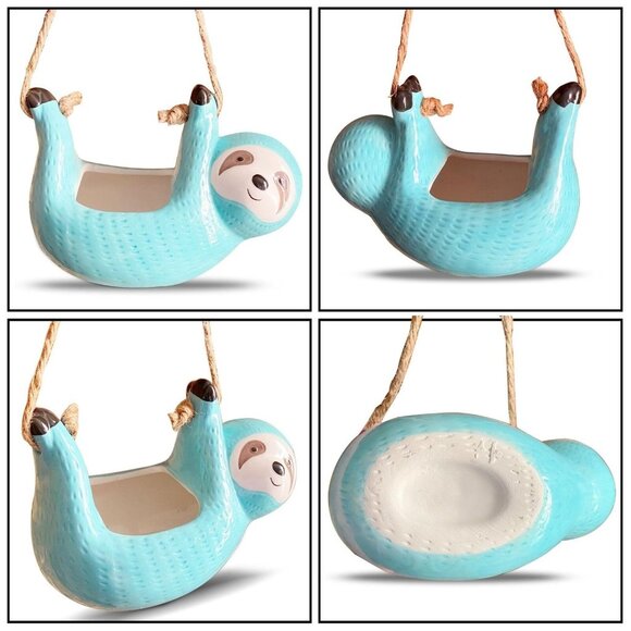 Ceramic Sloth Air-Plant Holder • Blue Sloth Planter • Cute Succulent Pot • Decor - Picture 4 of 6